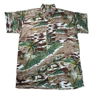 Yahoo Button Down Shirt Tropical Island Surf Print XL Brown Green Short‎ Sleeve